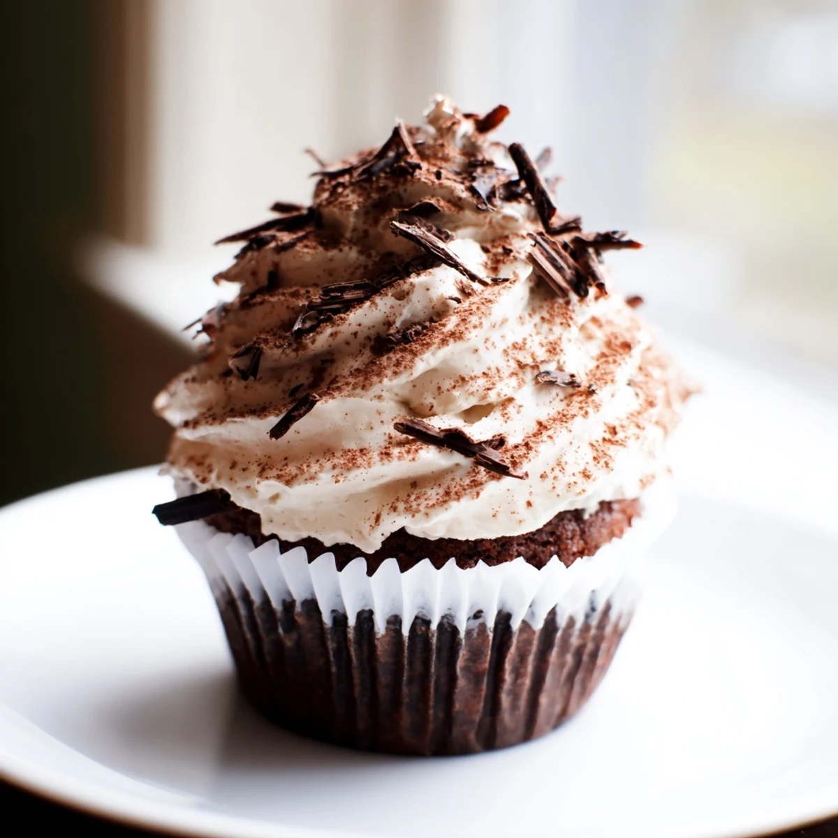 Italian-inspired chocolate tiramisu cupcakes with coffee-infused layers and smooth vanilla mascarpone frosting