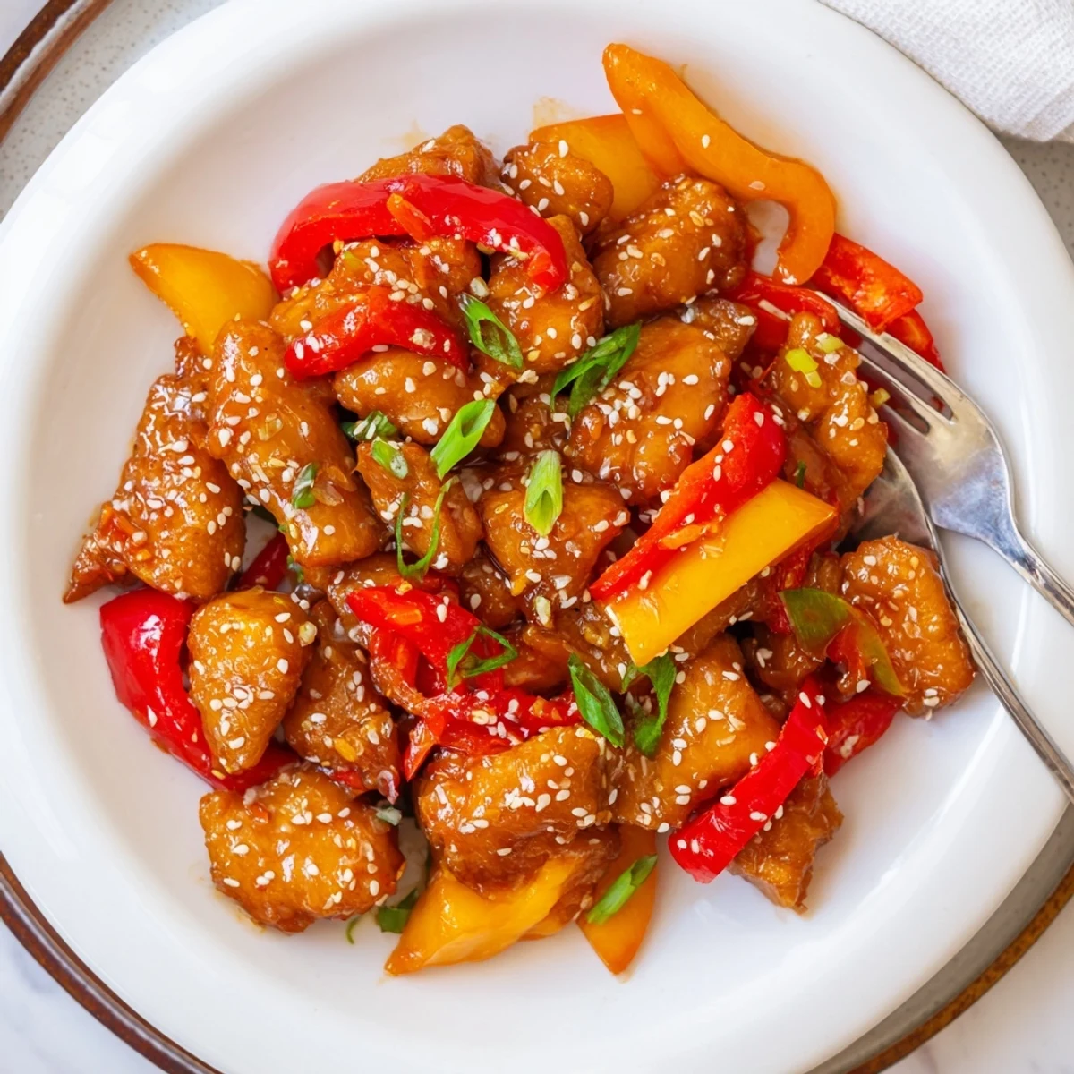 Golden Spicy Dragon Chicken pieces glazed in sticky red sauce with colorful bell pepper slices