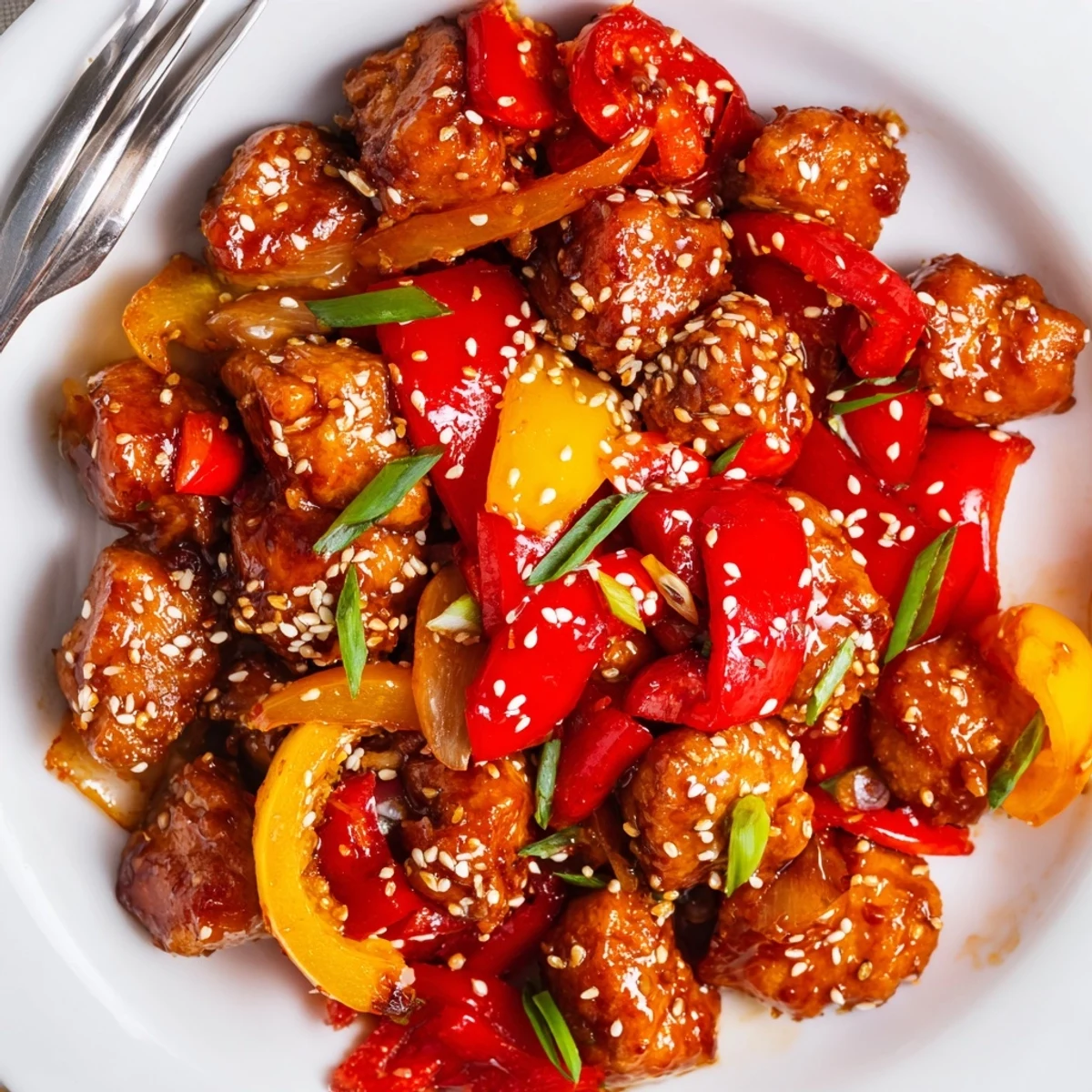 Vibrant Asian-inspired Spicy Dragon Chicken served with steamed rice and garnished with toasted sesame seeds