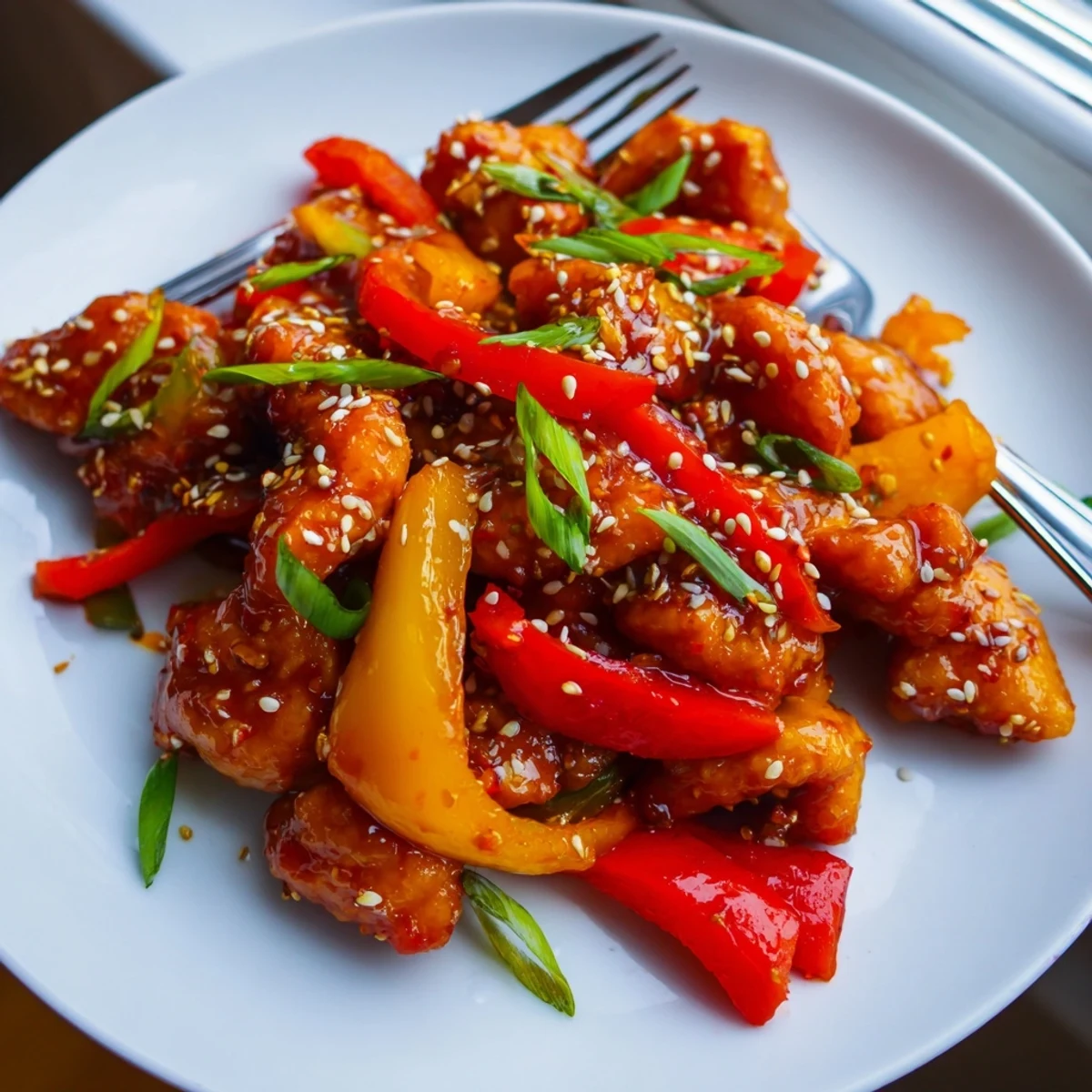 Tender chicken thigh bites tossed in fiery chili garlic sauce with fresh aromatic ginger and garlic