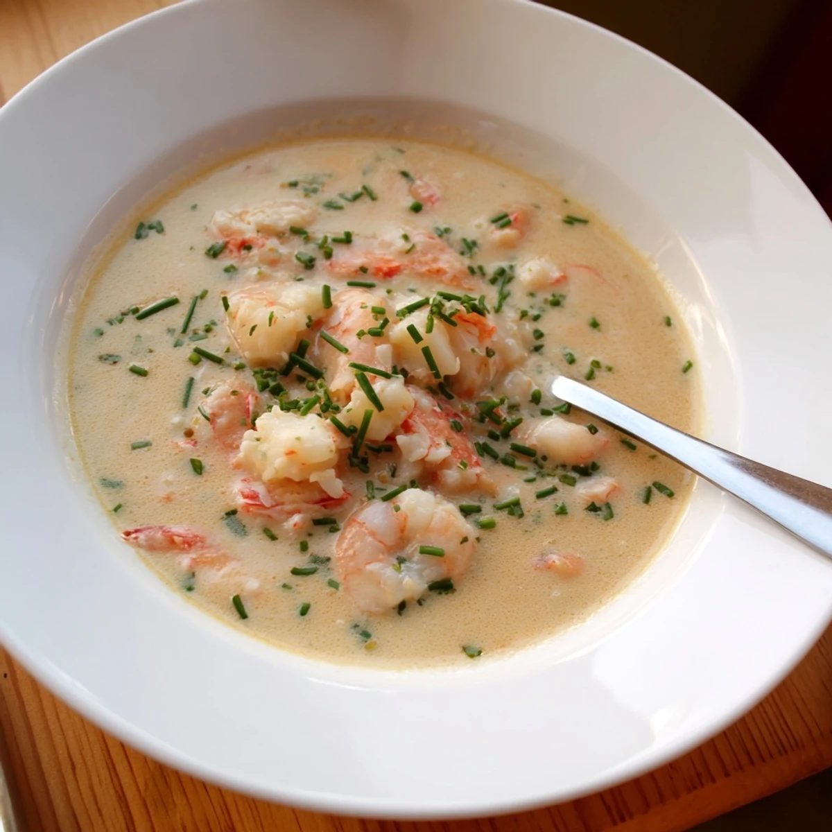 Creamy seafood bisque featuring tender crab and shrimp in a smooth red-hued soup bowl