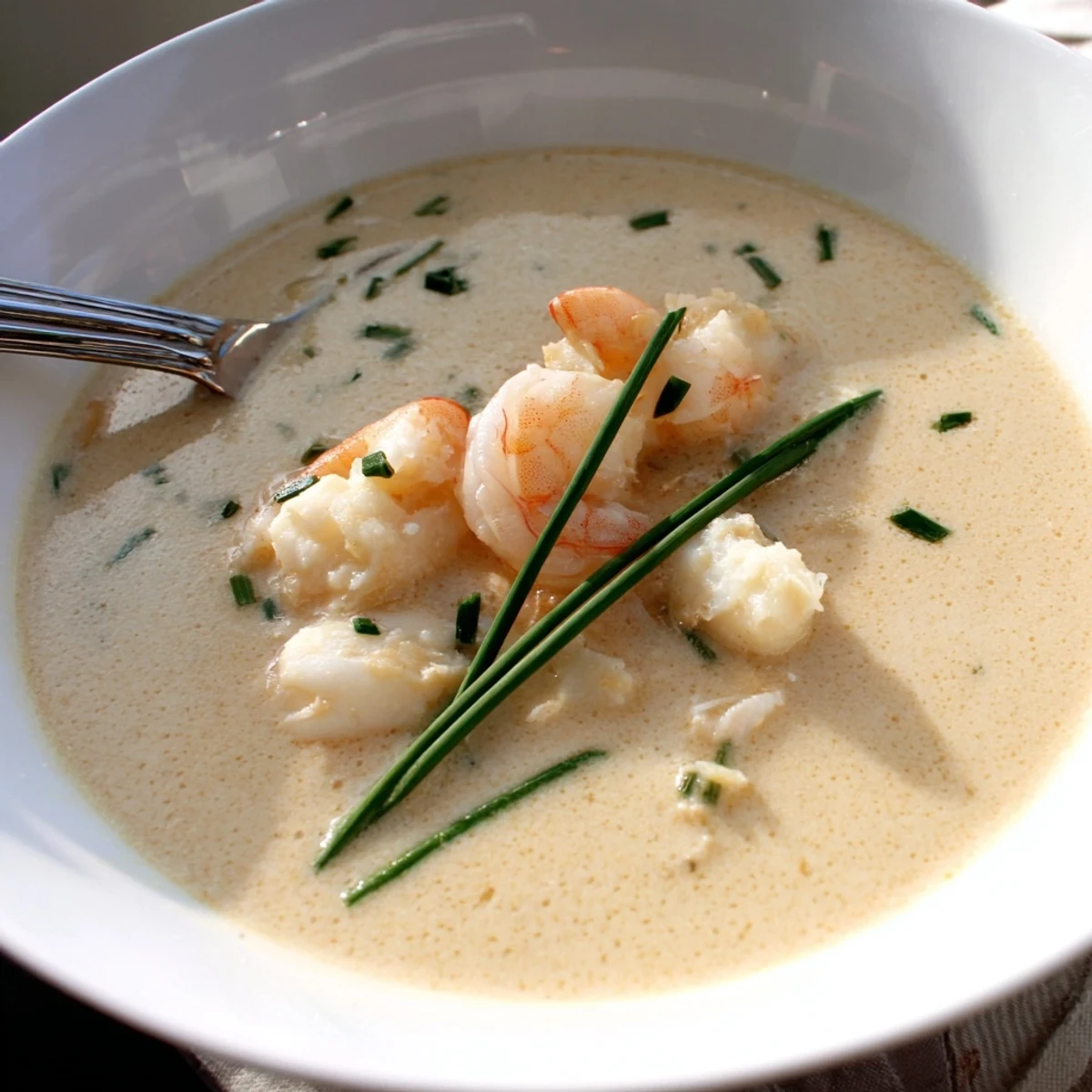 Rich seafood bisque with plump shrimp and lump crab garnished with fresh green chives