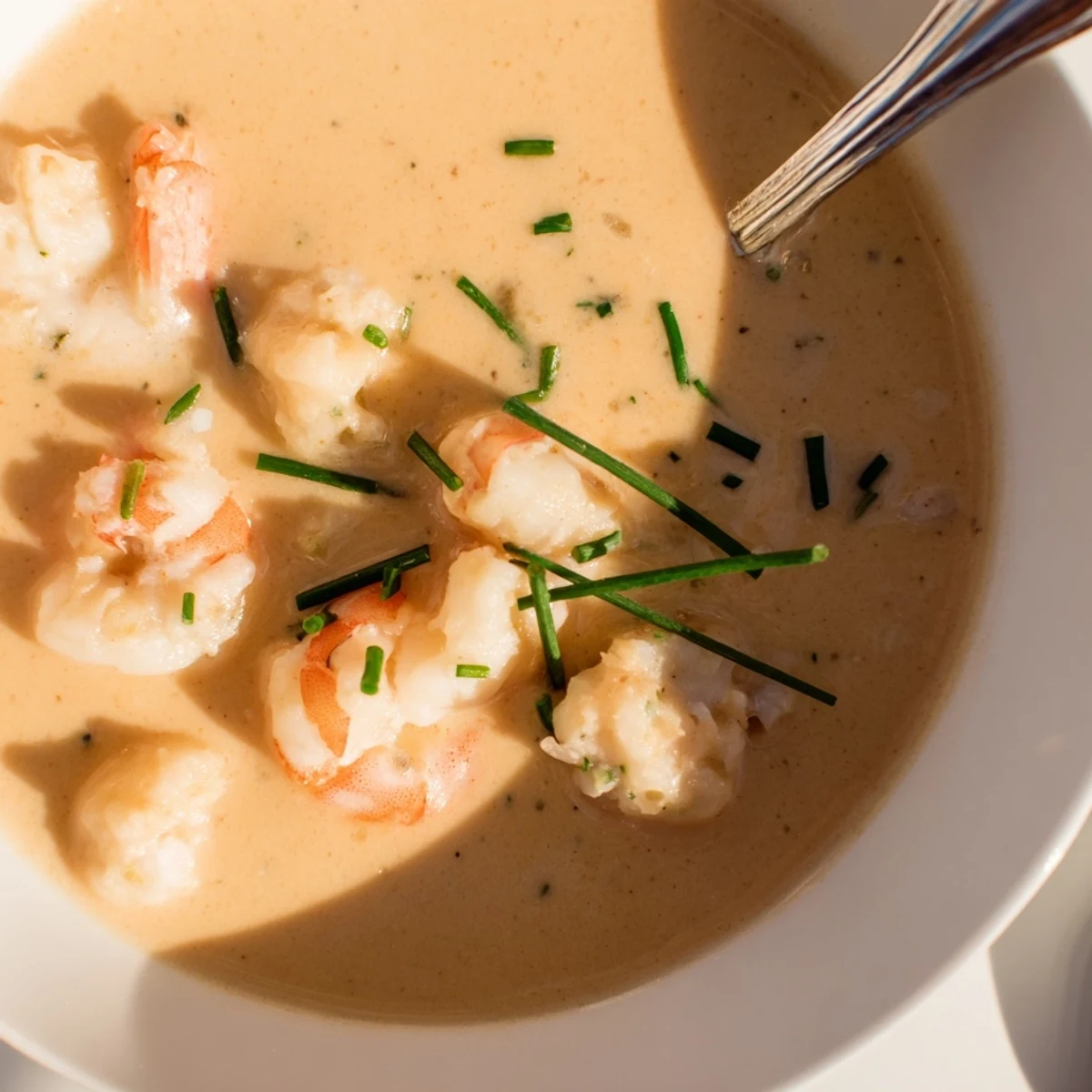 Velvety crab and shrimp bisque served in white bowls with lemon wedges on the side
