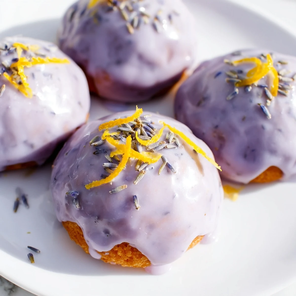 Moist lemon cupcakes topped with floral lavender icing and dried lavender buds on a white plate