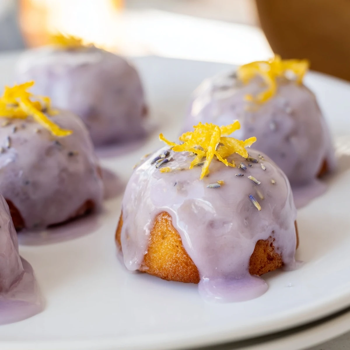 Golden mini lemon cakes drizzled with purple lavender glaze and garnished with fresh lemon zest