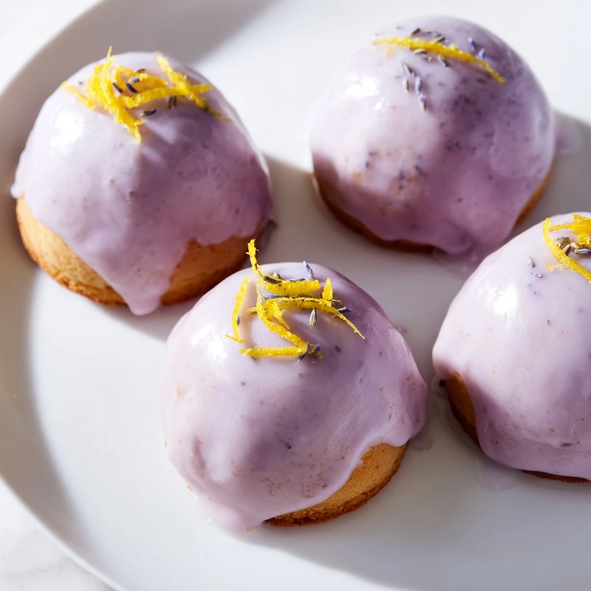 Elegant mini bundt cakes glazed with lavender sugar and decorated with citrus zest strips