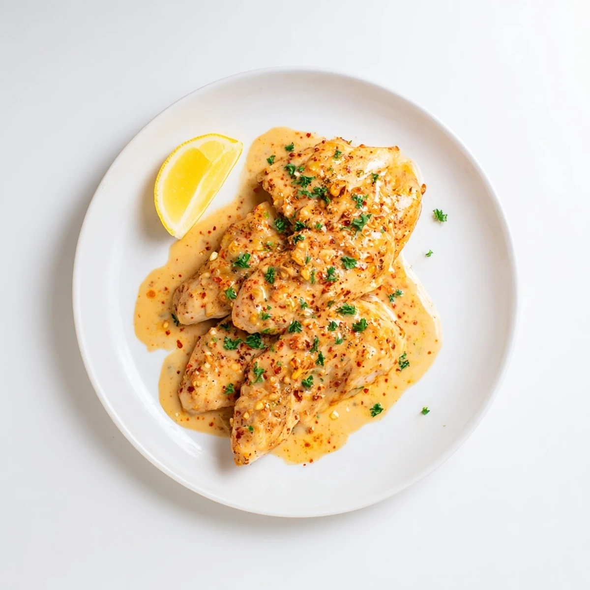 Weeknight dinner featuring chicken diablo with glossy spicy sauce and fresh parsley garnish