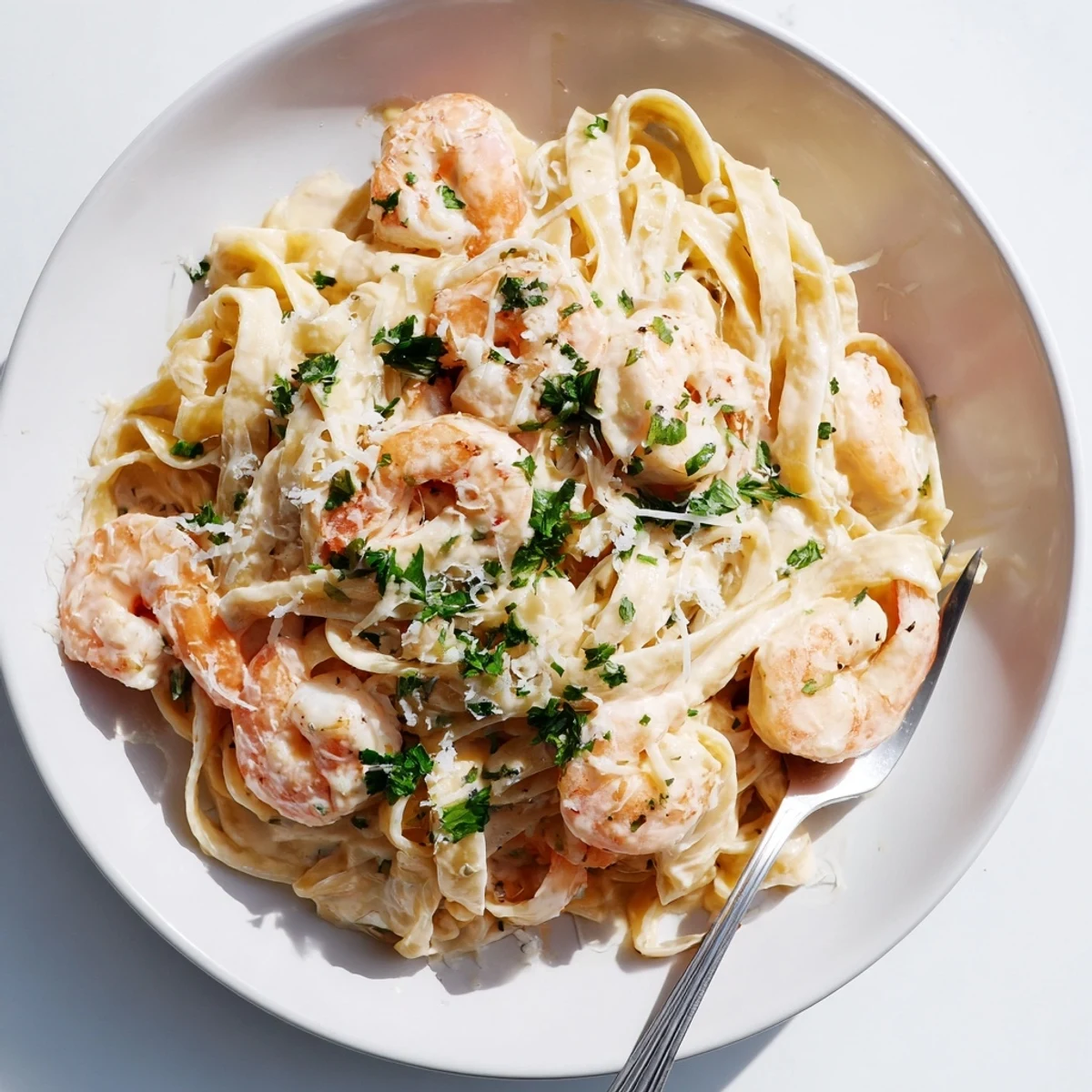 Creamy shrimp fettuccine pasta coated in rich homemade Alfredo sauce with fresh parsley garnish