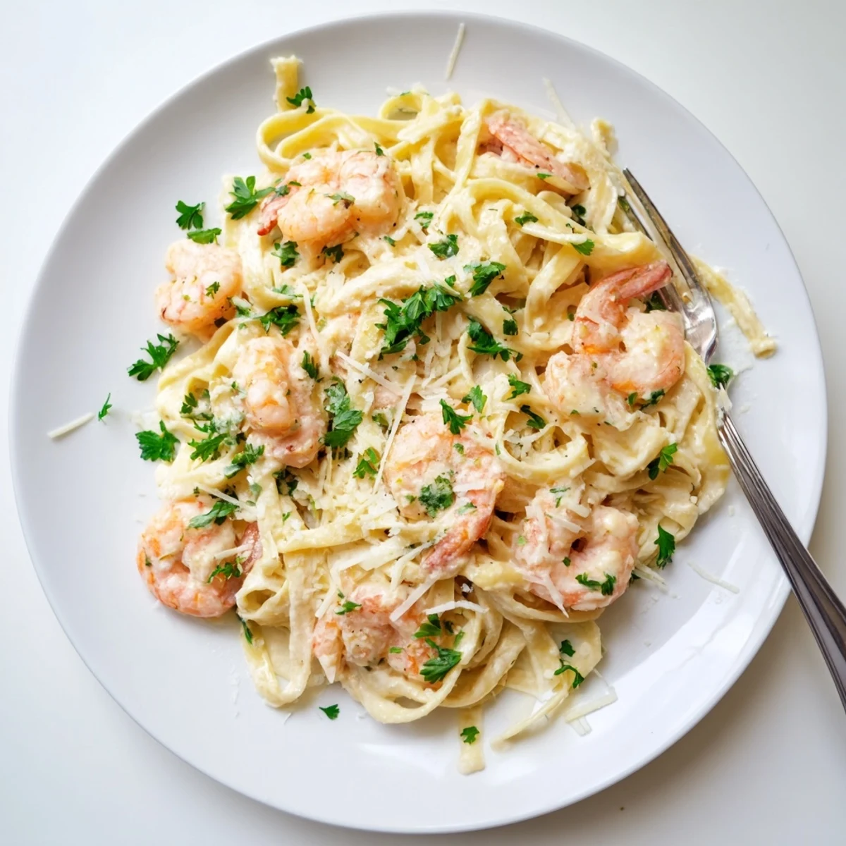 Tender shrimp tossed with al dente fettuccine in velvety white cheese sauce for dinner