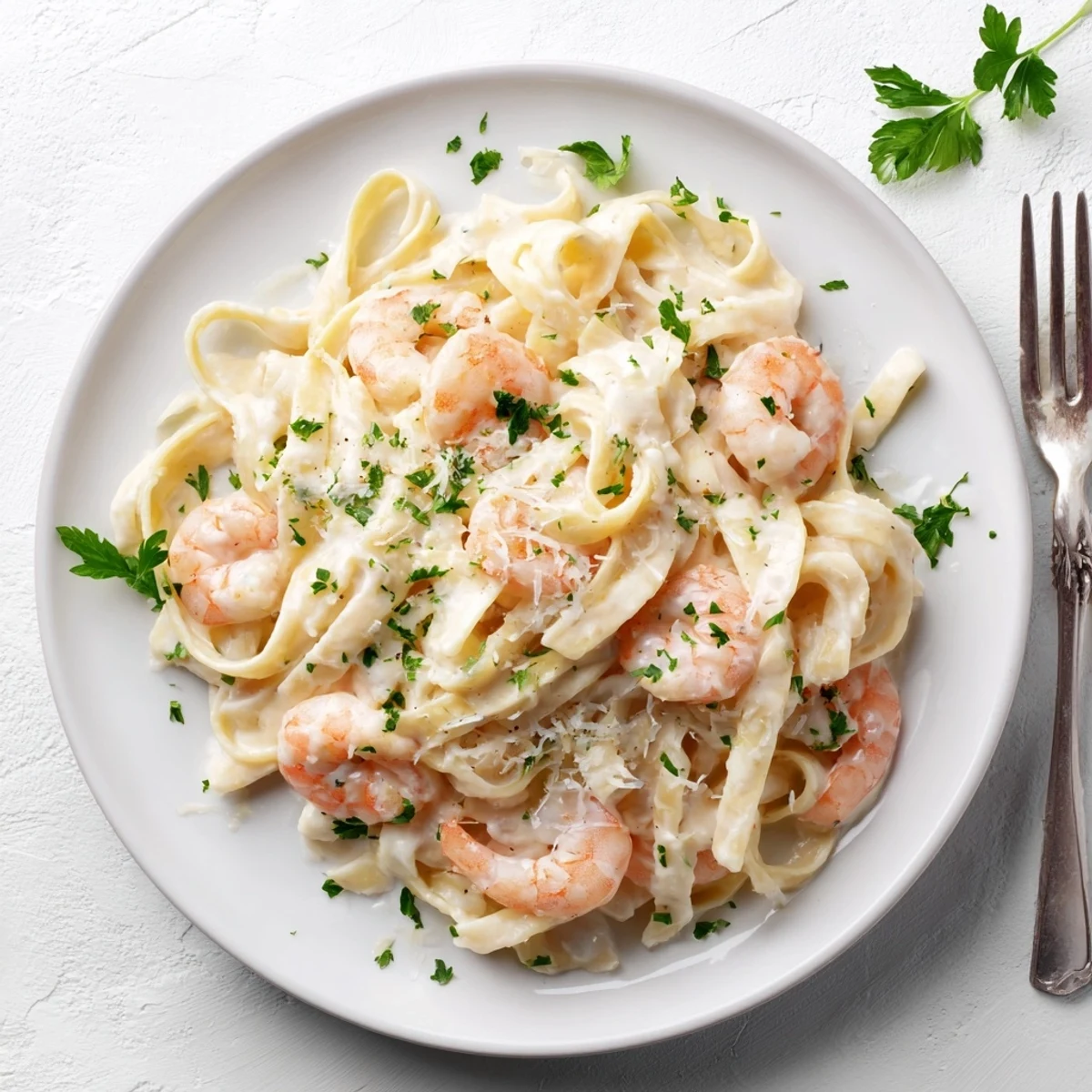 Homemade Alfredo sauce generously coats fettuccine pasta topped with perfectly cooked pink shrimp