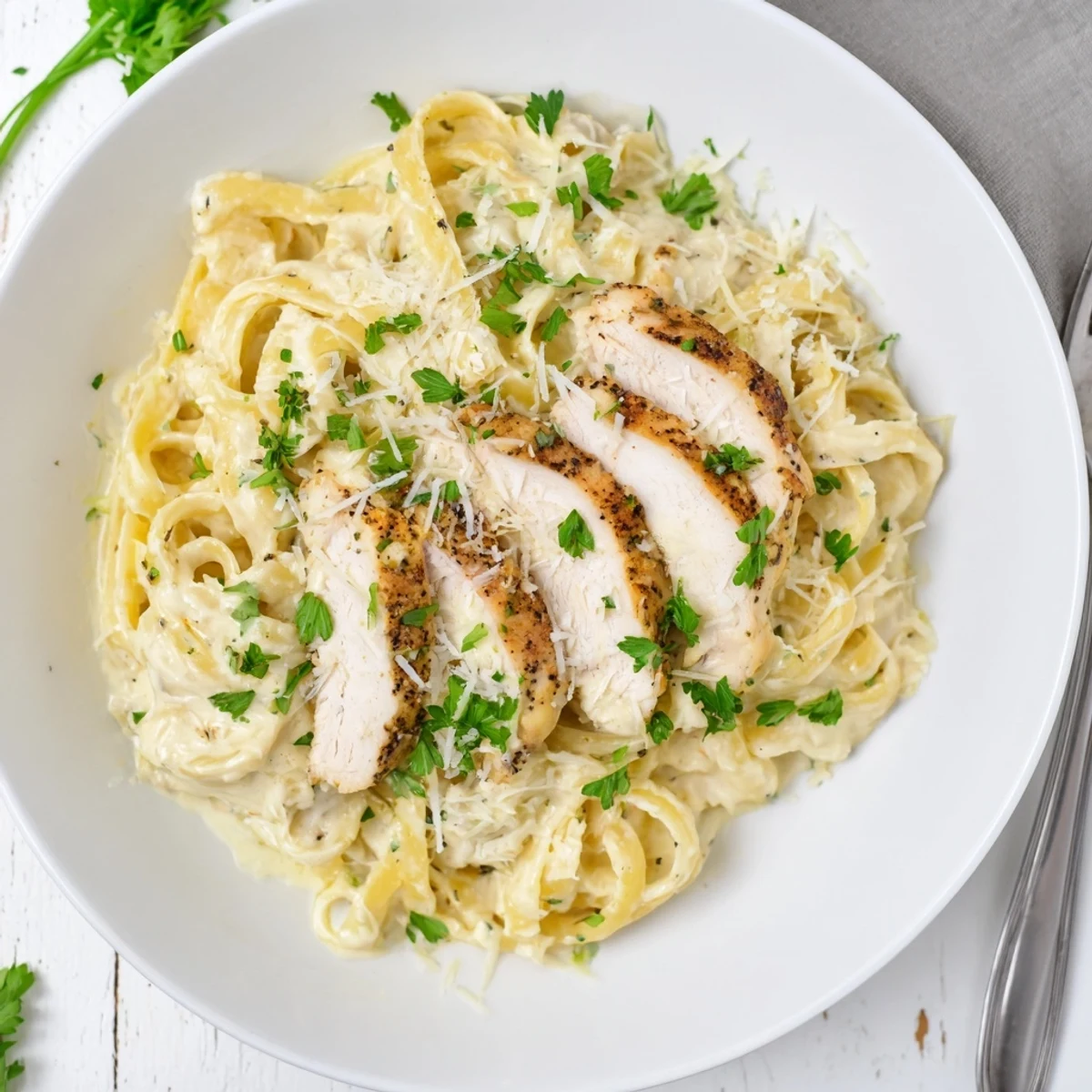Fettuccine noodles tossed in rich Parmesan sauce with tender golden chicken pieces on top