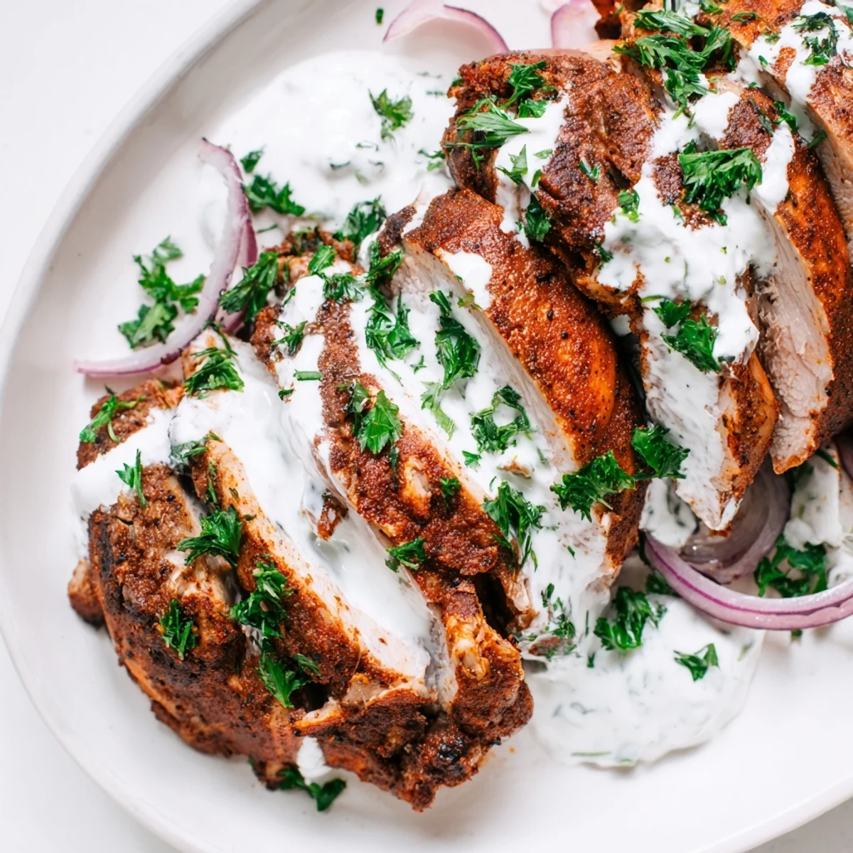 Golden brown chicken shawarma slices piled in warm pita with crisp lettuce and tomatoes drizzled with creamy white garlic sauce
