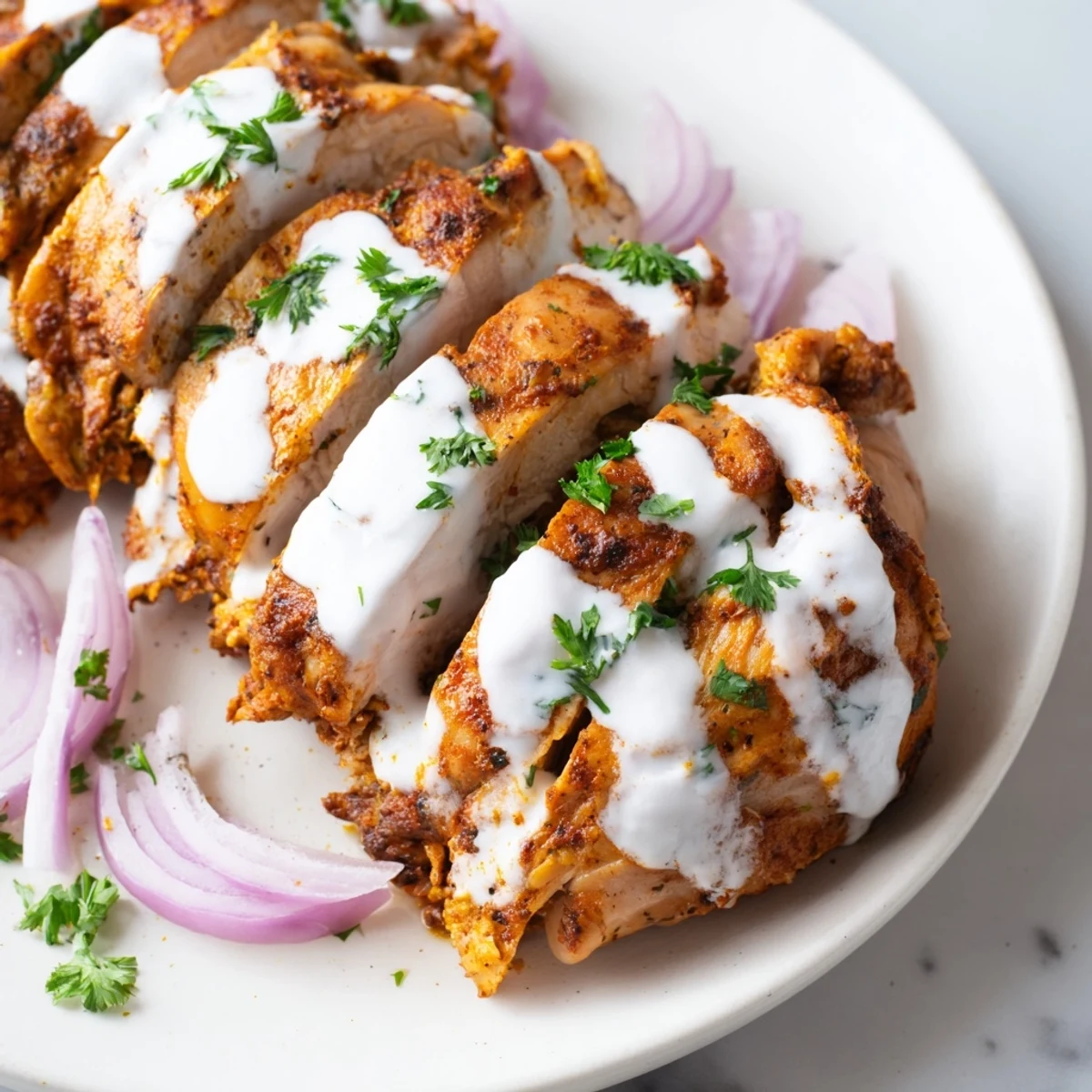 Tender marinated chicken shawarma nestled in soft flatbread with crunchy veggies and rich garlic yogurt sauce