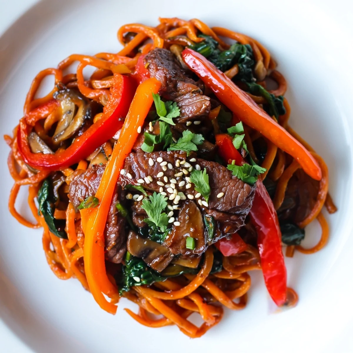 Steaming bowl of Korean beef noodles featuring tender beef slices and colorful vegetables in savory-sweet sauce
