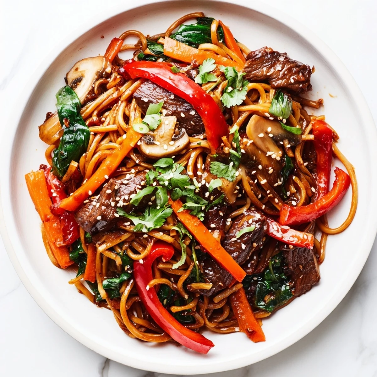 Chewy glass noodles tossed with marinated beef, julienned carrots, and red bell pepper in gochujang glaze