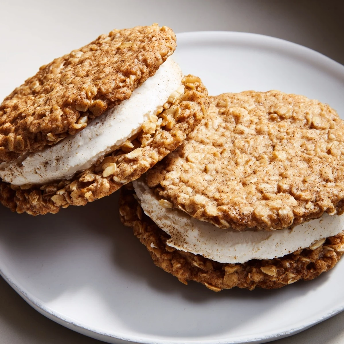 Two soft homemade oatmeal cream pies stacked with vanilla frosting peeking through the layers