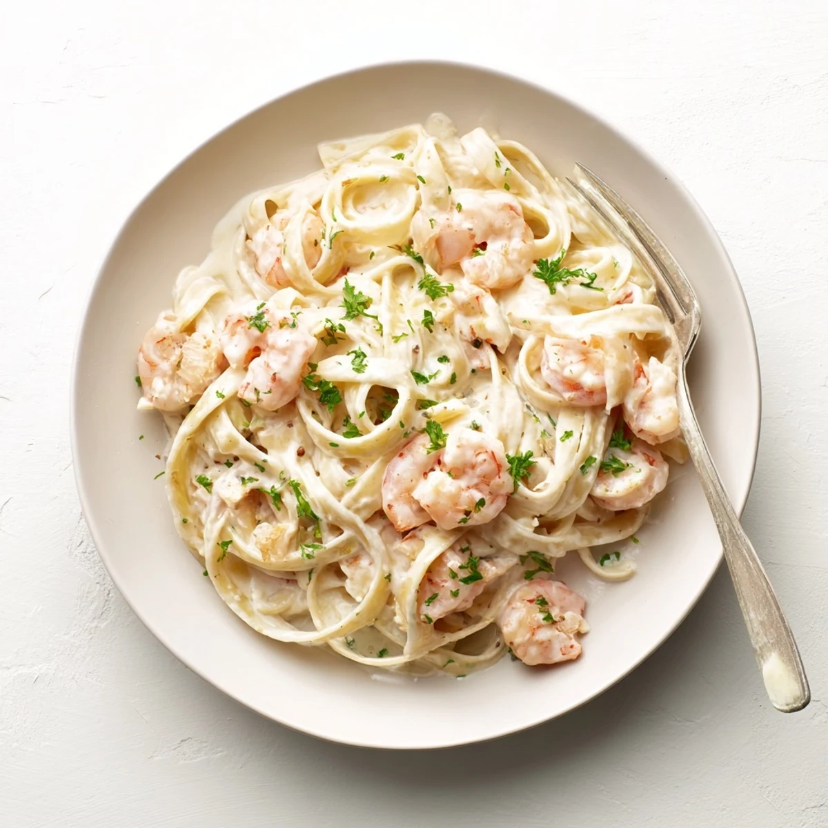 Savory shrimp and fettuccine Alfredo plated in creamy white sauce with chopped parsley and red pepper flakes