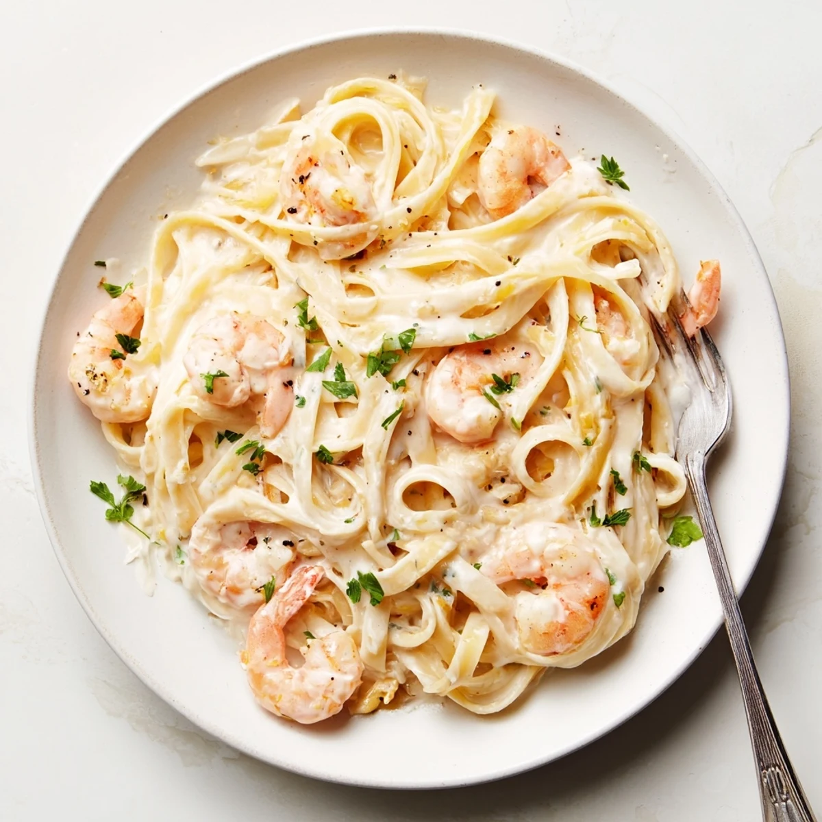 Golden fettuccine pasta coated in white garlic Alfredo sauce with juicy shrimp in a single skillet