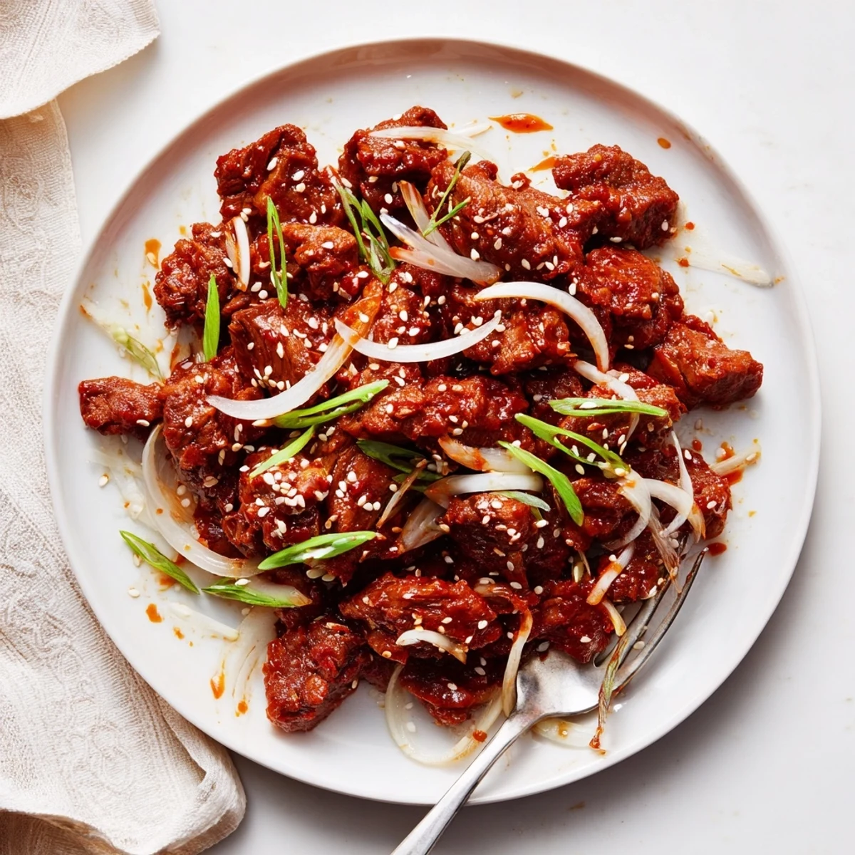 Savory Slow Cooker Korean Beef in a bowl with sesame seeds and sliced onions