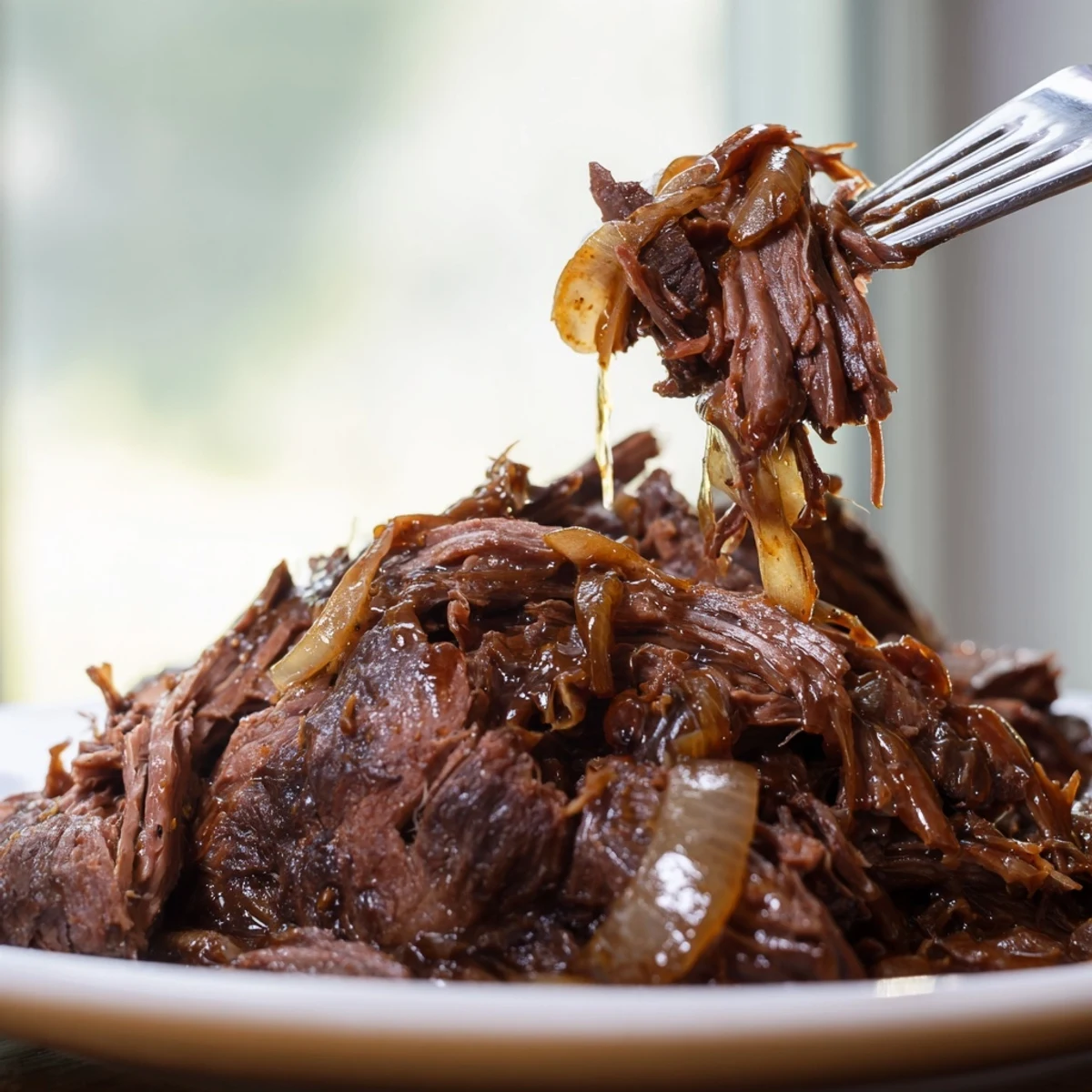 Tender Crock Pot shredded beef piled high with juicy shredded pieces