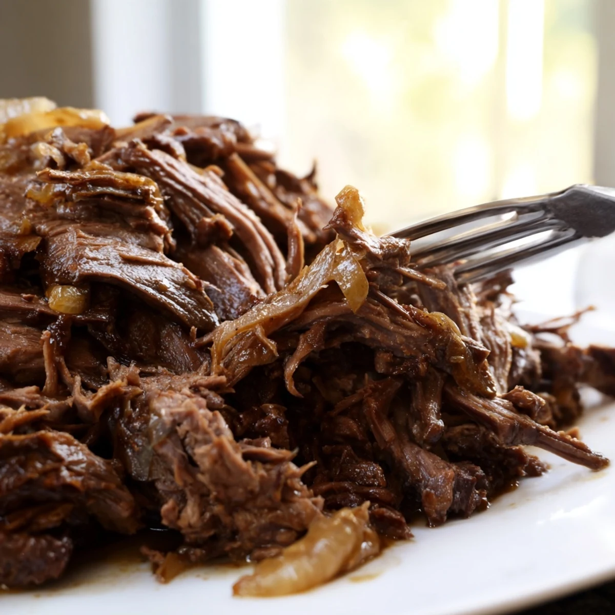 Crock Pot shredded beef drizzled with savory cooking juices and spices