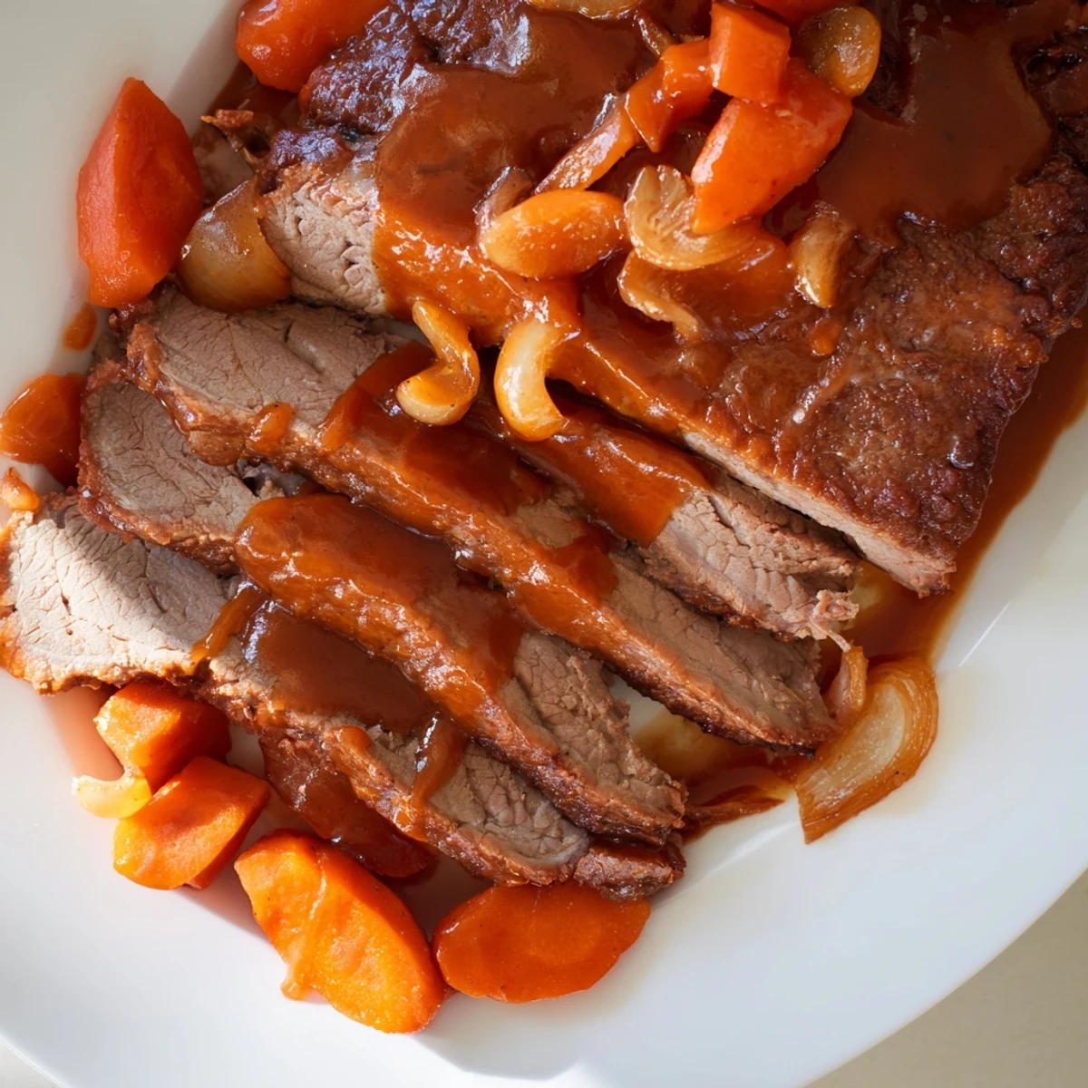 Fork-tender slow cooker beef brisket resting on a cutting board with caramelized onions and carrots
