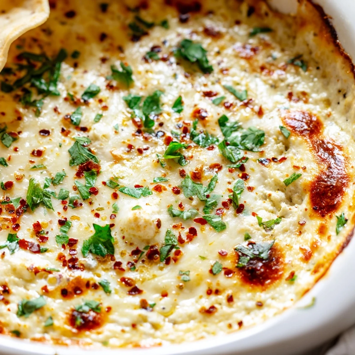 Hot roasted garlic cheese dip in baking dish surrounded by baguette slices for game day entertaining