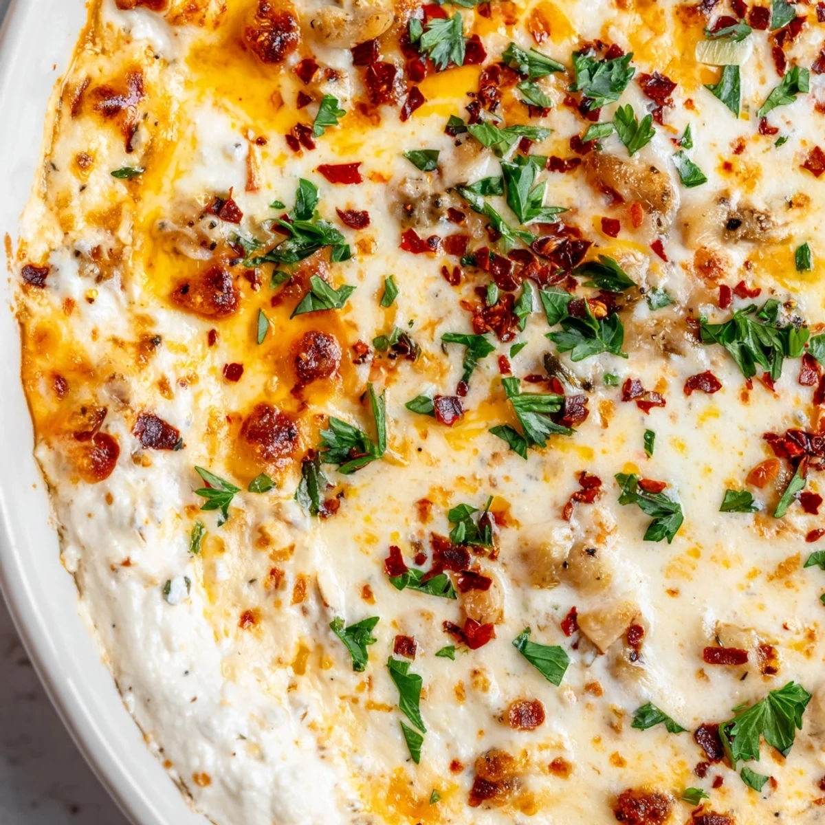 Creamy white pizza dip topped with melted mozzarella and fresh parsley, perfect for party appetizer platter