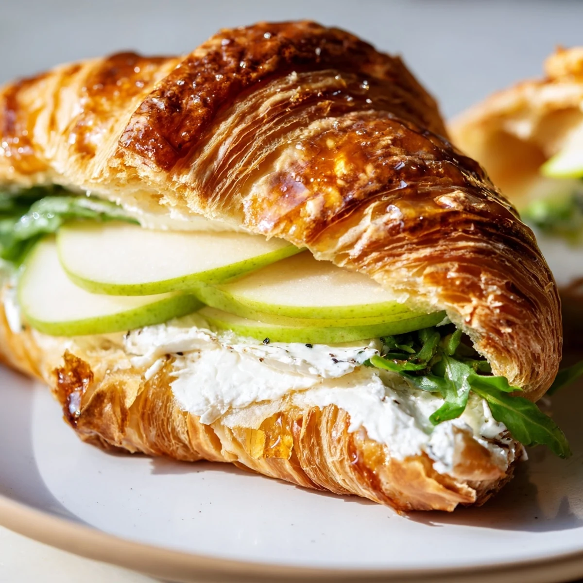 Golden flaky croissant sandwich layered with creamy goat cheese and crisp green apple slices