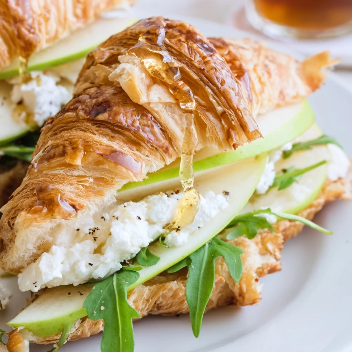 Freshly baked apple goat cheese croissant sandwich with arugula on rustic wooden board