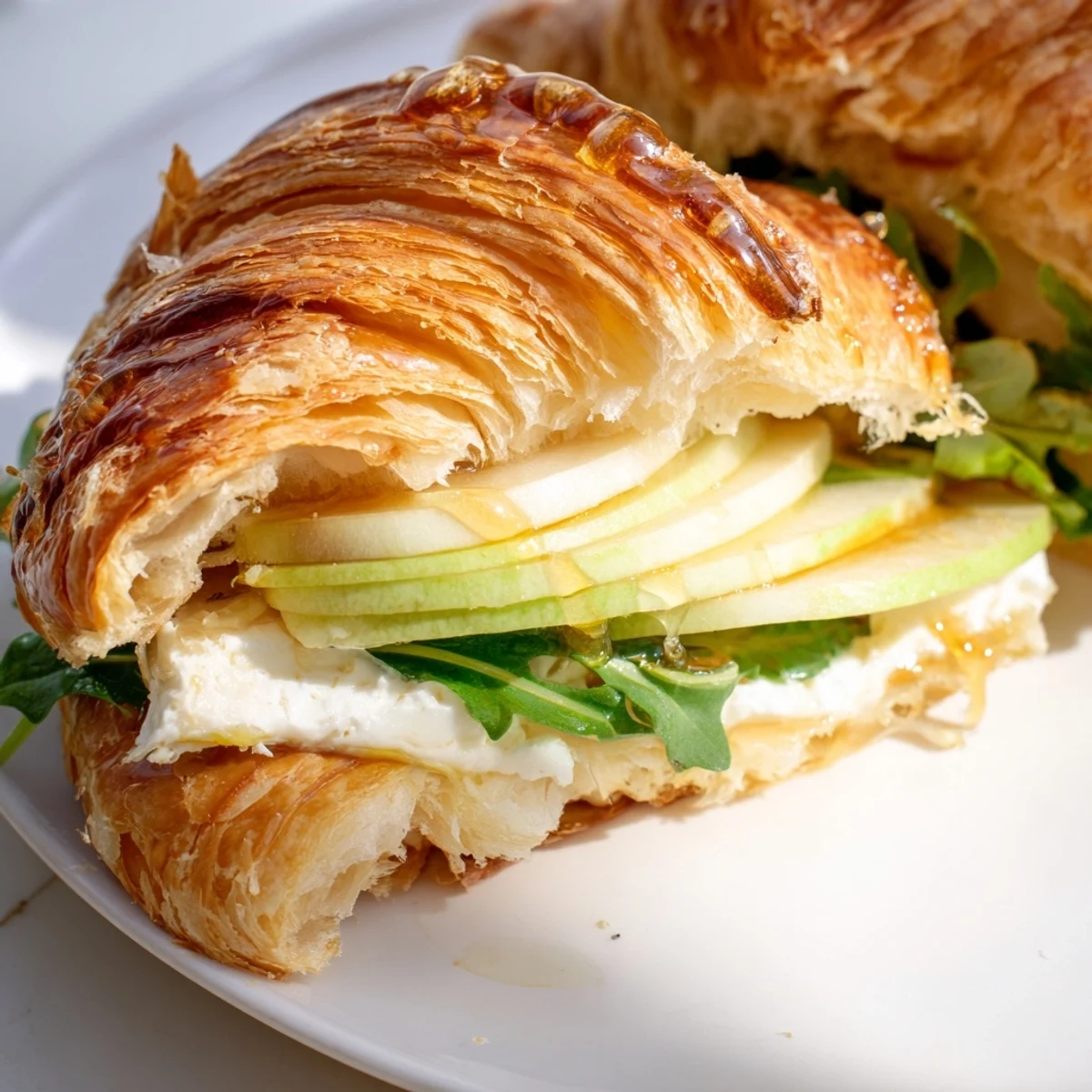 Gourmet breakfast sandwich featuring buttery croissant, tangy goat cheese spread, and honey-drizzled apples