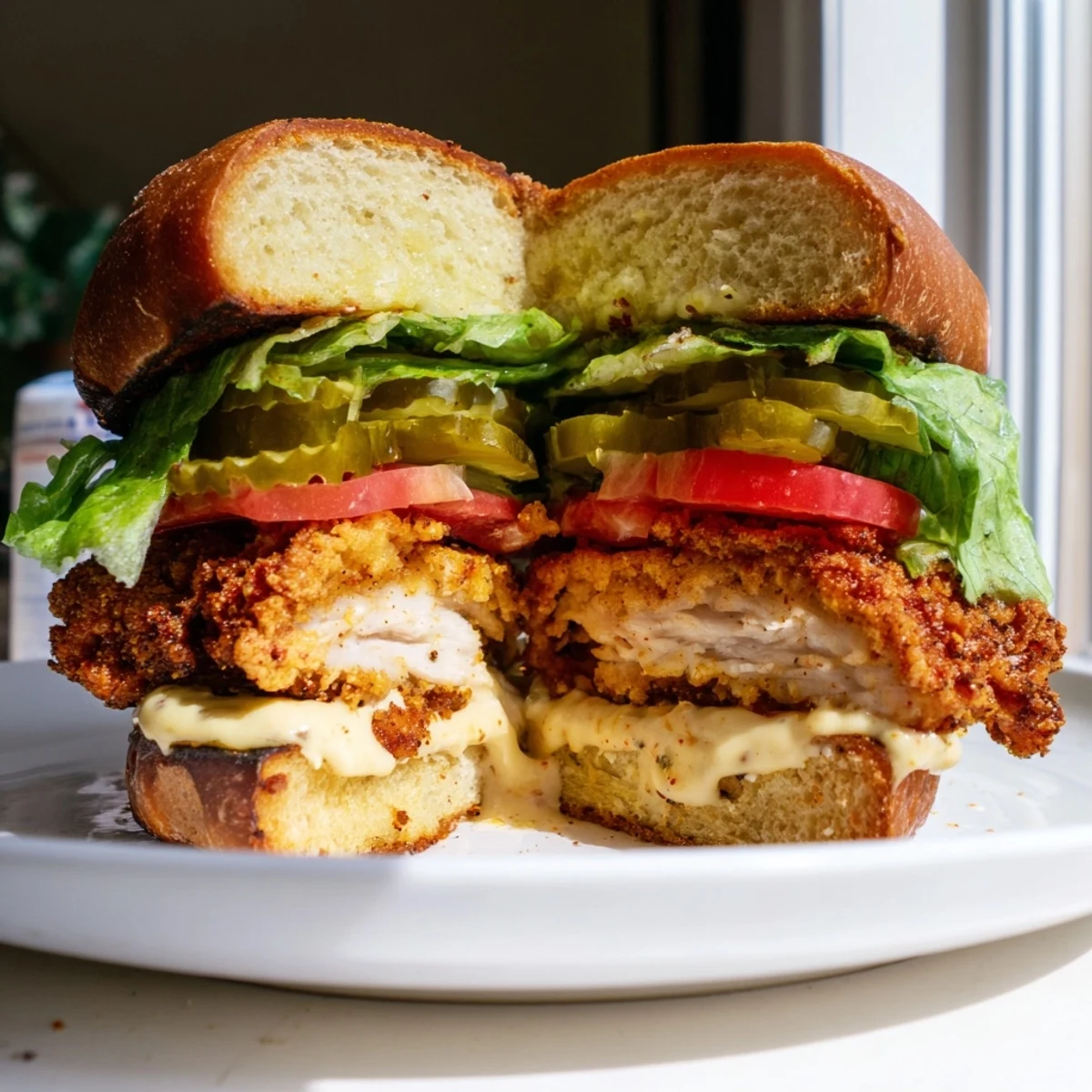 Golden fried Cajun crispy chicken sandwich with creamy garlic aioli on toasted brioche bun