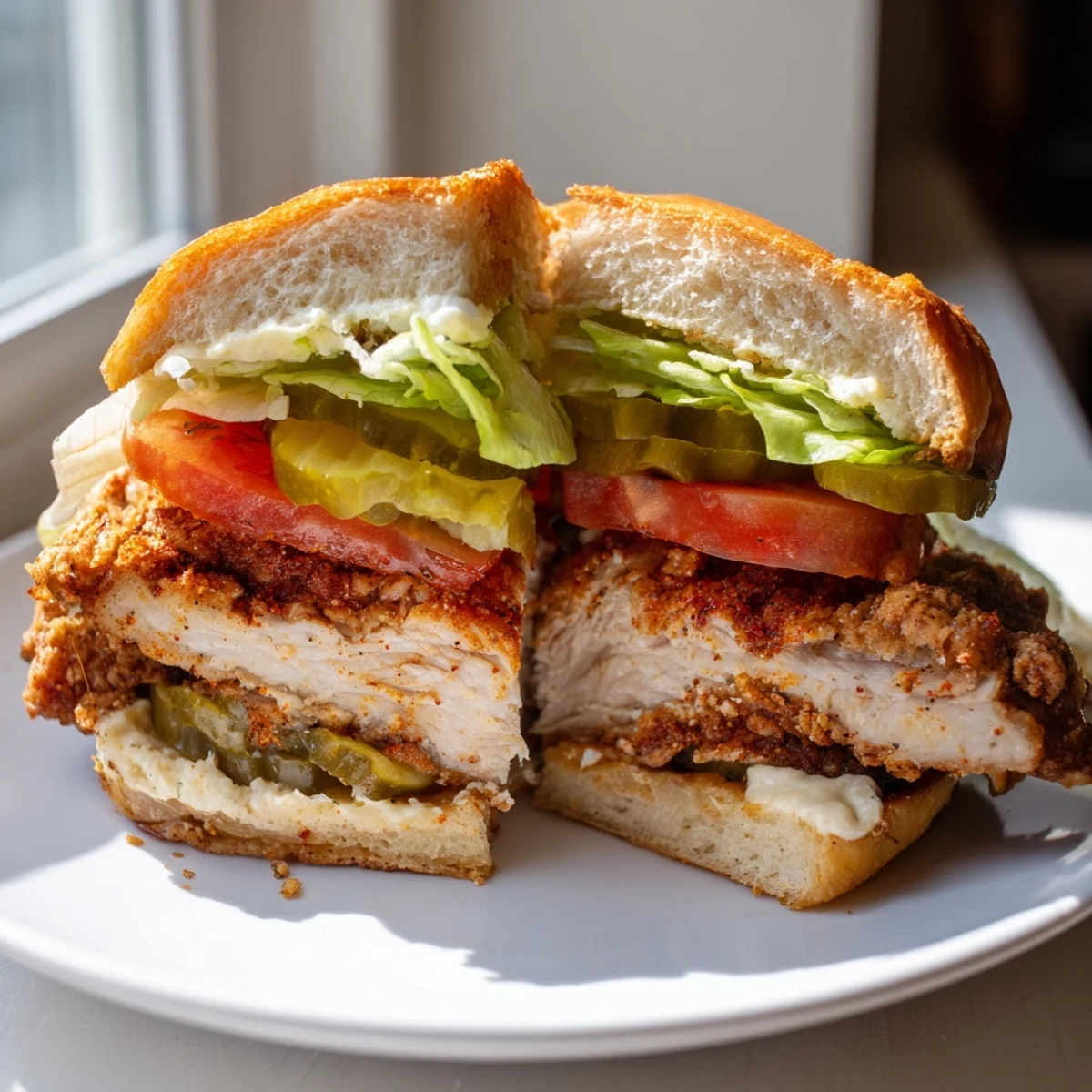 Spicy Cajun chicken breast sandwich topped with garlic aioli, lettuce, tomato, and crisp pickles