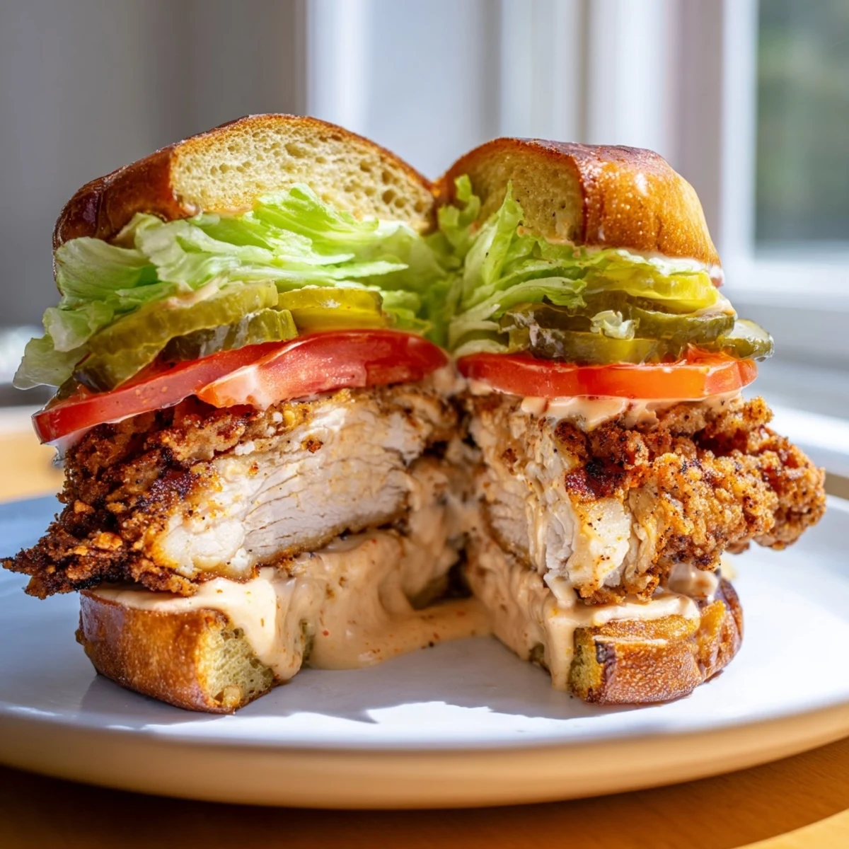Crispy Cajun chicken sandwich layered with fresh vegetables and homemade garlic aioli sauce