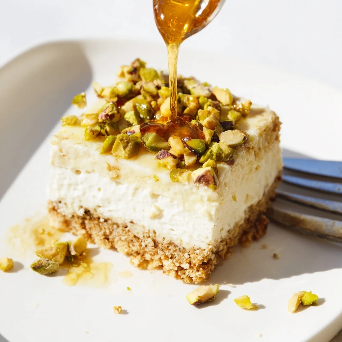 Golden Greek honey pistachio cheesecake bars drizzled with honey and topped with crunchy pistachios on a white serving plate
