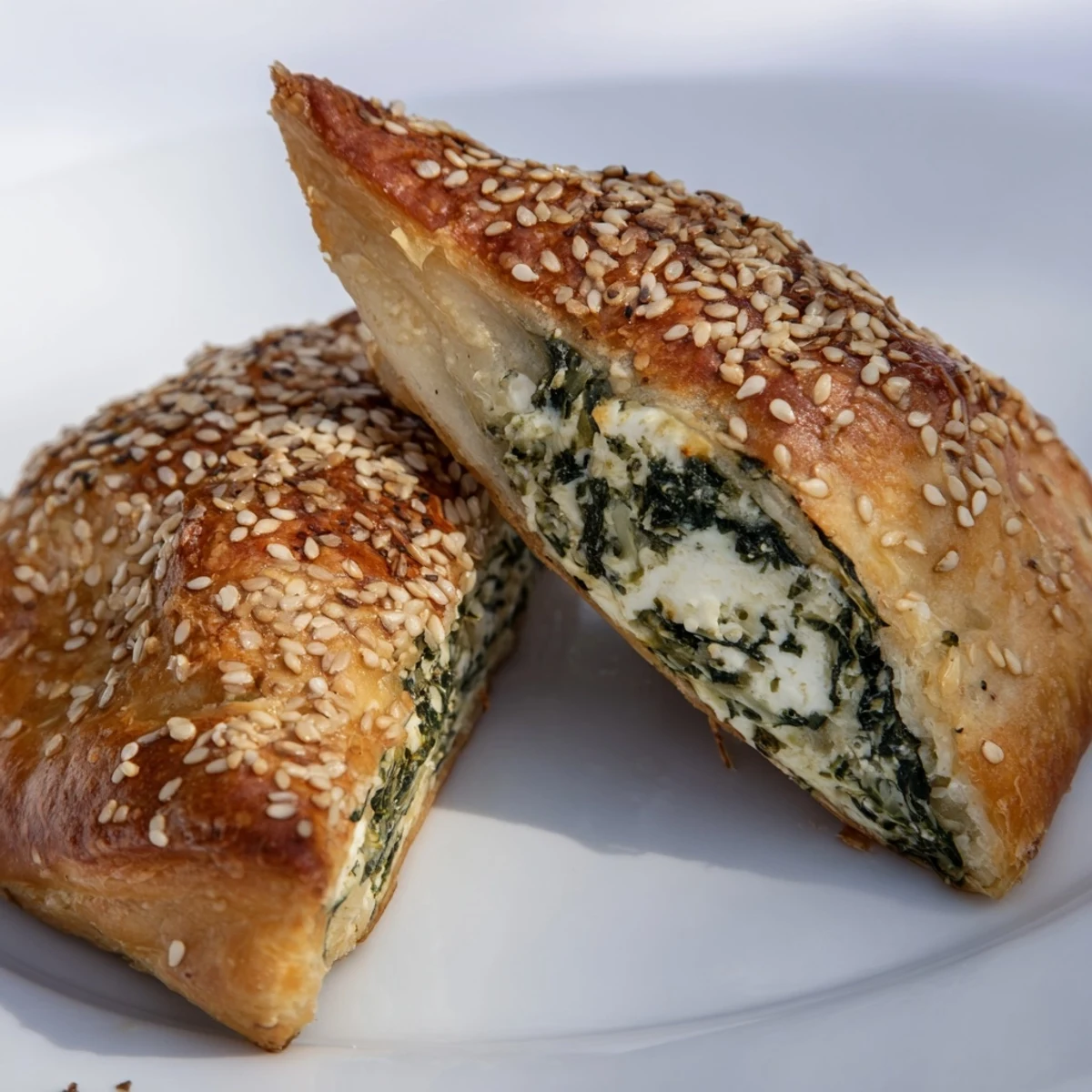 Golden brown spinach cottage cheese flagels sprinkled with sesame seeds on a baking sheet