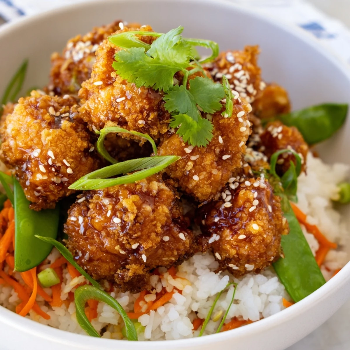 Golden crispy General Tsos cauliflower florets coated in sweet spicy glaze over fluffy rice with colorful fresh vegetables