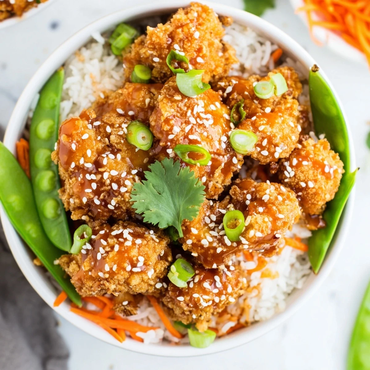 Vegan General Tsos cauliflower bowl featuring panko crusted roasted bites tossed in tangy red sauce alongside julienned carrots and snow peas