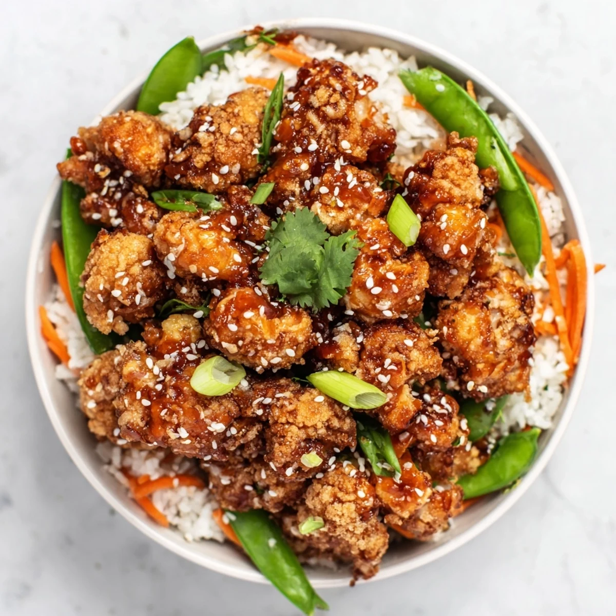 Plant-based takeout style General Tsos cauliflower served piping hot with steamed jasmine rice sesame seeds and crisp green onion garnish