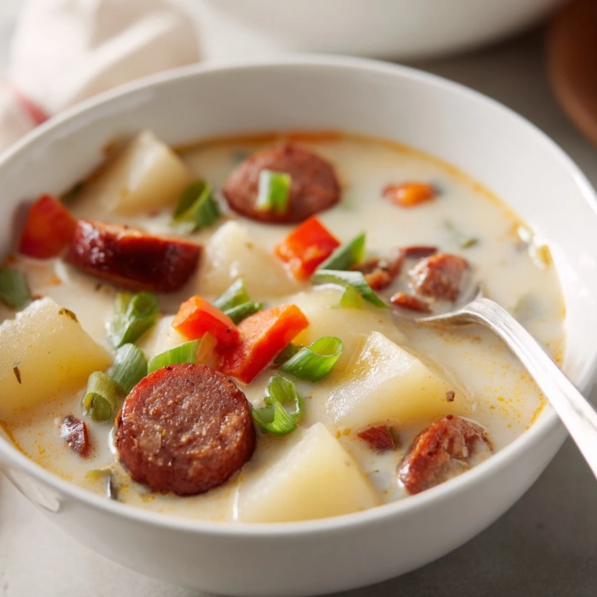 Creamy spicy Cajun potato soup topped with sliced andouille sausage and fresh green onions