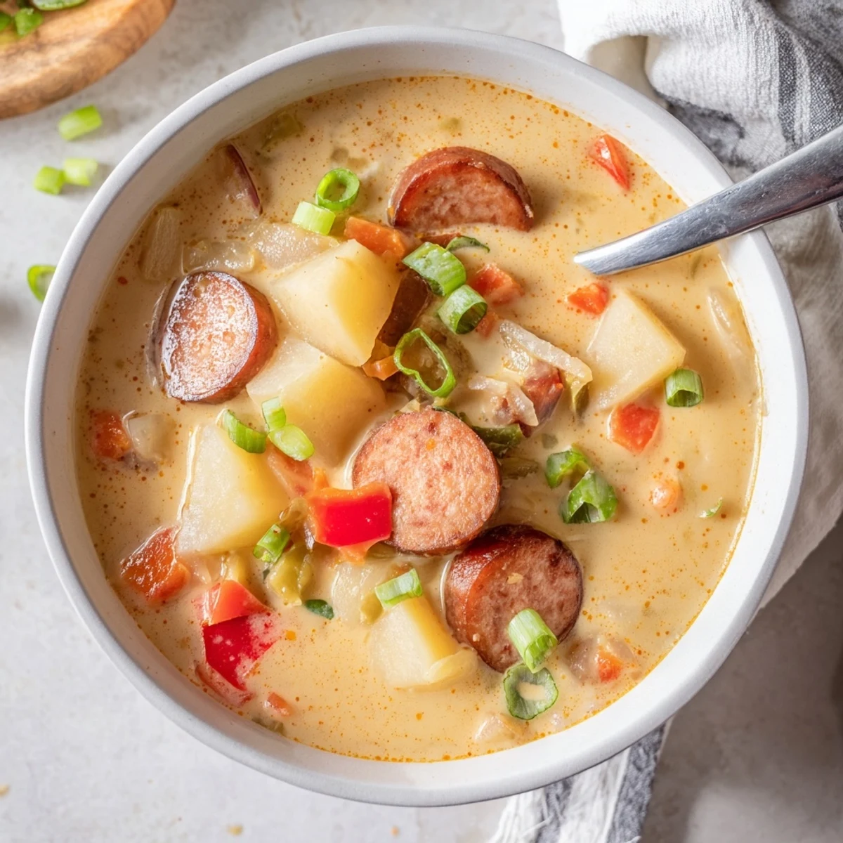 Steaming bowl of Cajun potato soup packed with tender vegetables and smoky sausage chunks