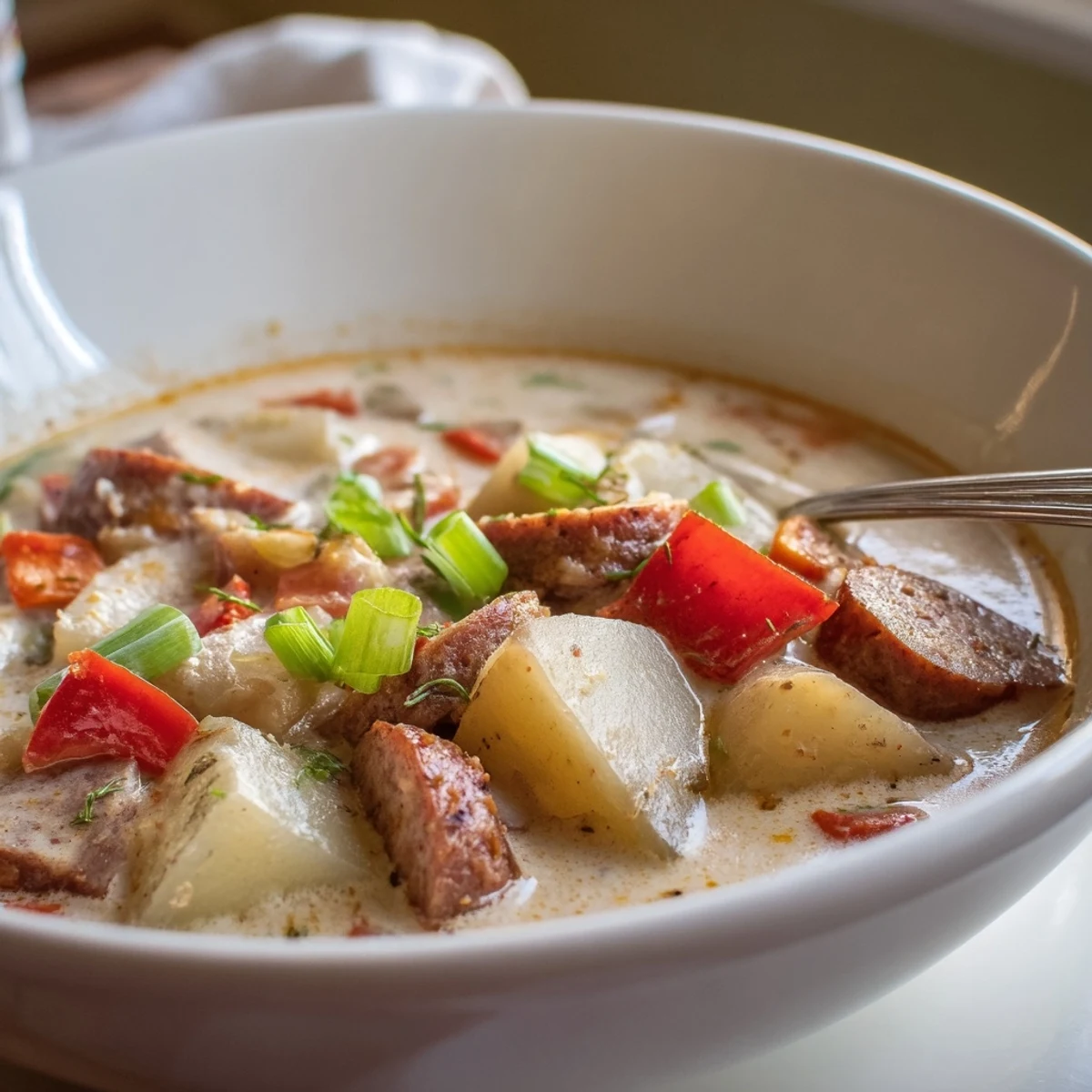 Hearty spicy Cajun potato soup served in rustic white bowl with colorful vegetable garnish