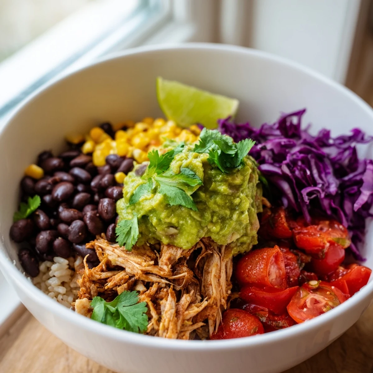 Steamy pulled chicken guacamole bowl served over rice with shredded cabbage and corn