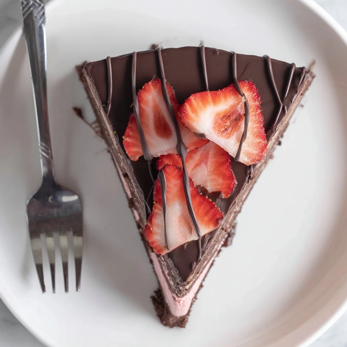 Decadent chocolate covered strawberry ice cream cake with glossy shell and fresh strawberry halves