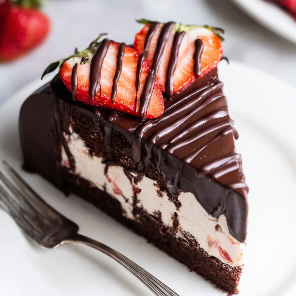 Layered chocolate covered strawberry ice cream cake featuring crisp chocolate coating over creamy strawberry filling