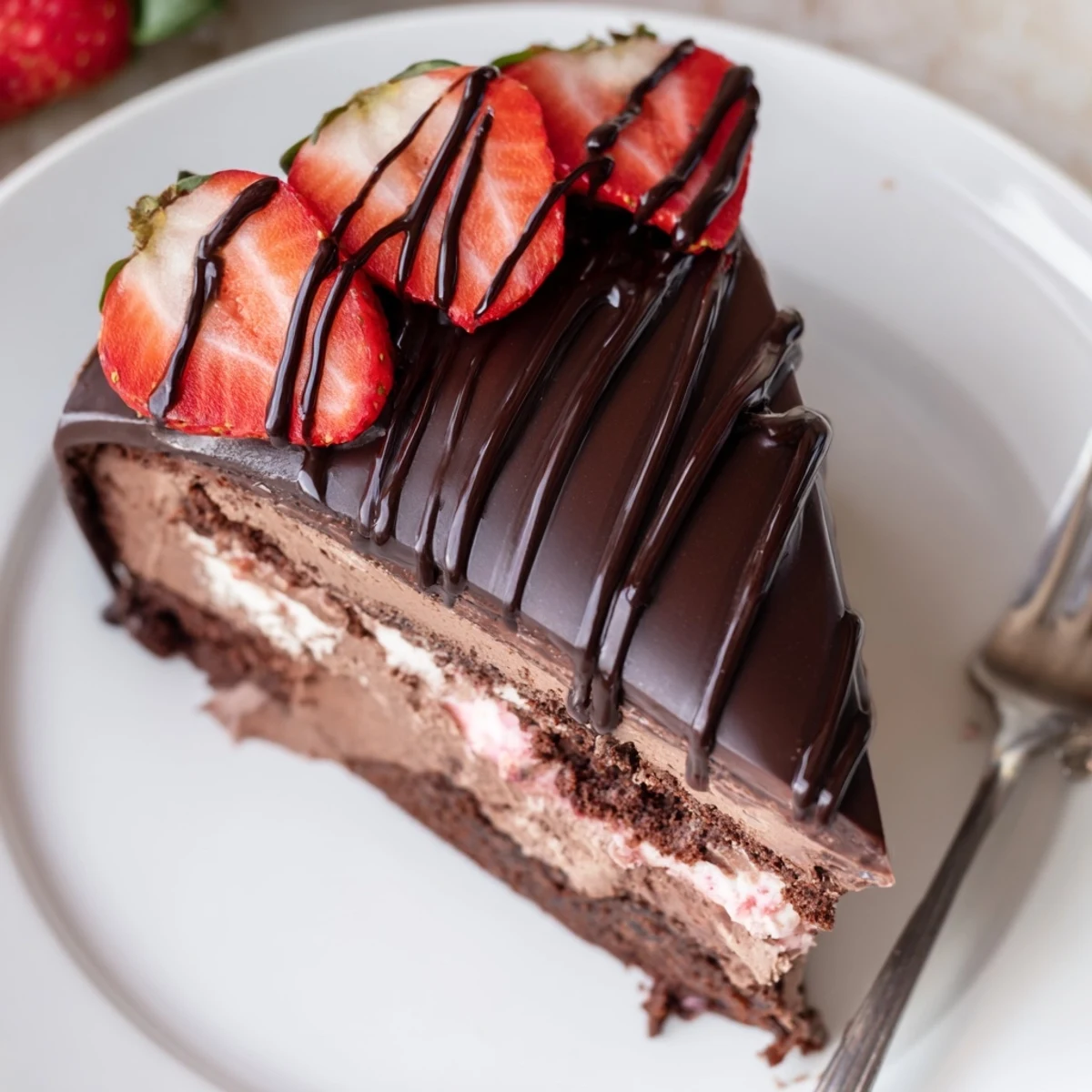 Summer dessert showing chocolate covered strawberry ice cream cake topped with drizzled dark chocolate