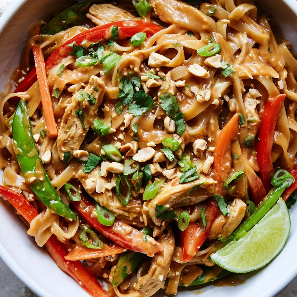 Golden chicken and rice noodles coated in rich peanut sauce with colorful vegetables in a bowl