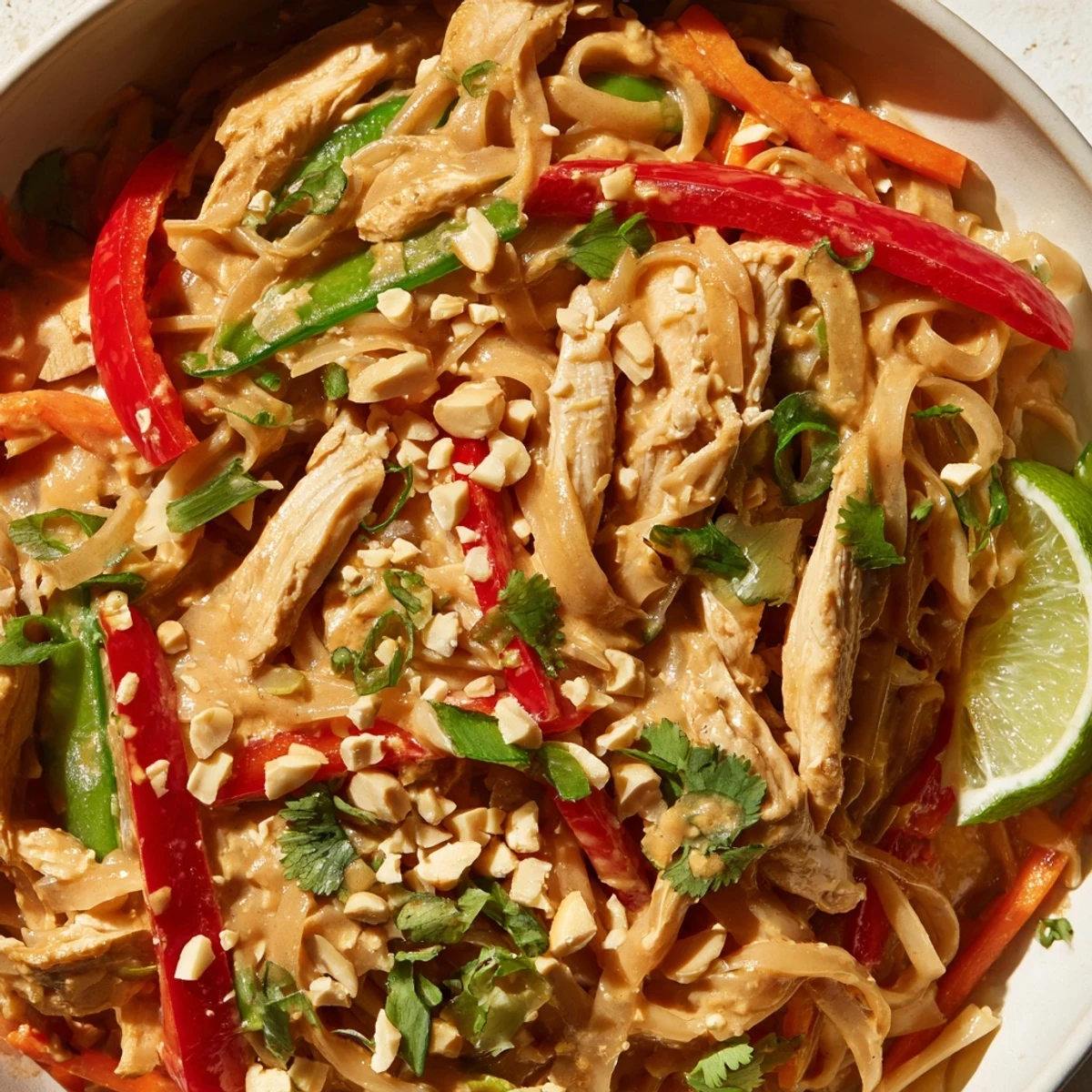 Thai peanut chicken noodle bowls featuring tender meat and crisp veggies in creamy spicy-sweet peanut sauce