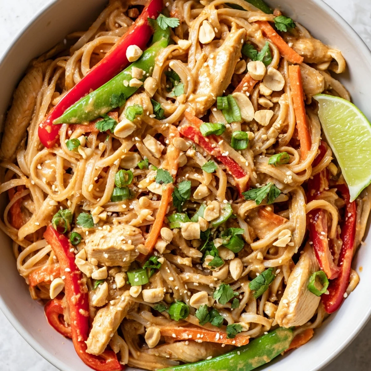 Close up of savory peanut noodles with sliced chicken, bell pepper, carrot, and crushed peanut garnish