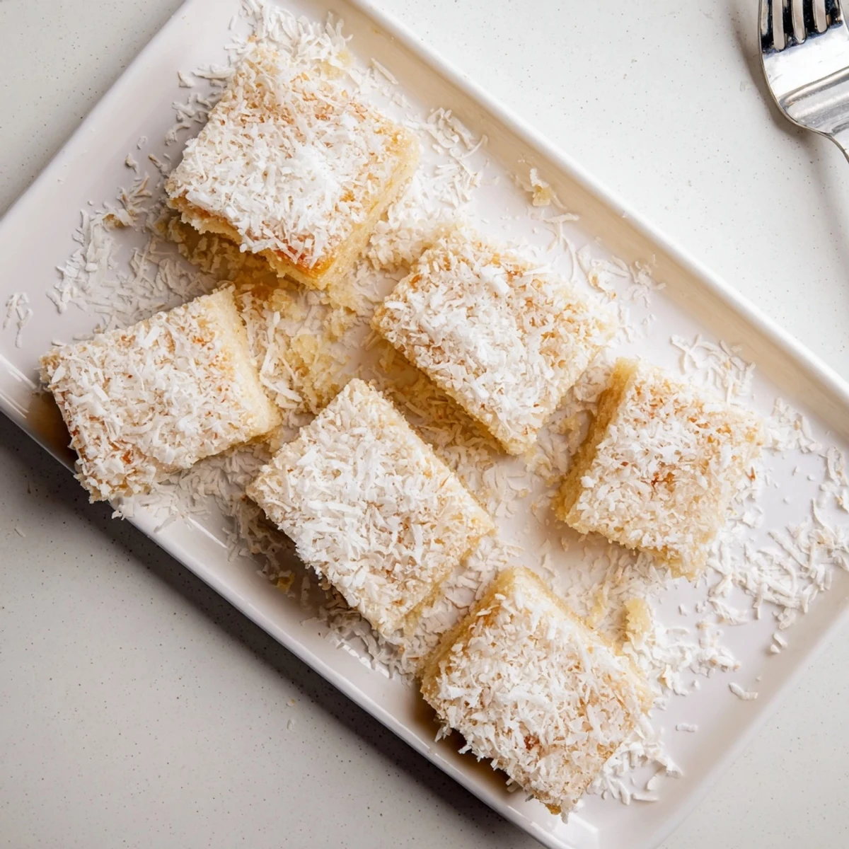 Slice of tropical coconut mochi cake featuring chewy texture and golden edges
